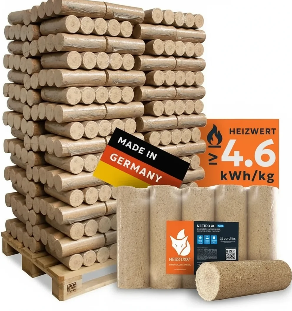 der.webp Heizfuxx Nestro XL Blue Holzbriketts 960 kg Palette – Premium Holzbriketts mit langer Brenndauer – Bild 1